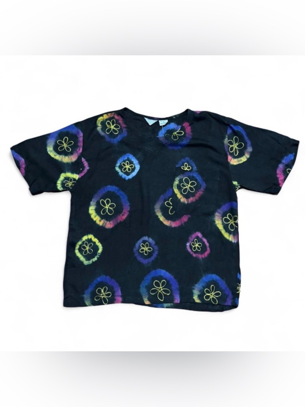 Women's Black Tie-Dye Floral Pocket Blouse